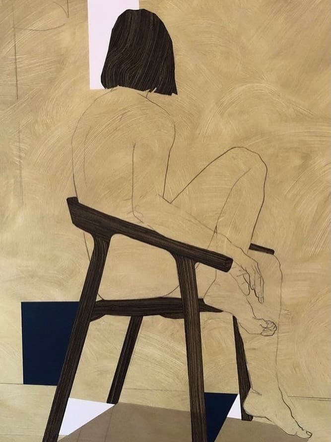 May be art of rocking chair and text.